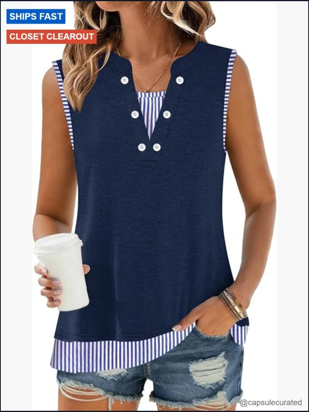 2026 Spring Fashion V Neck Sleeveless Loose Fit Tunic Button Down